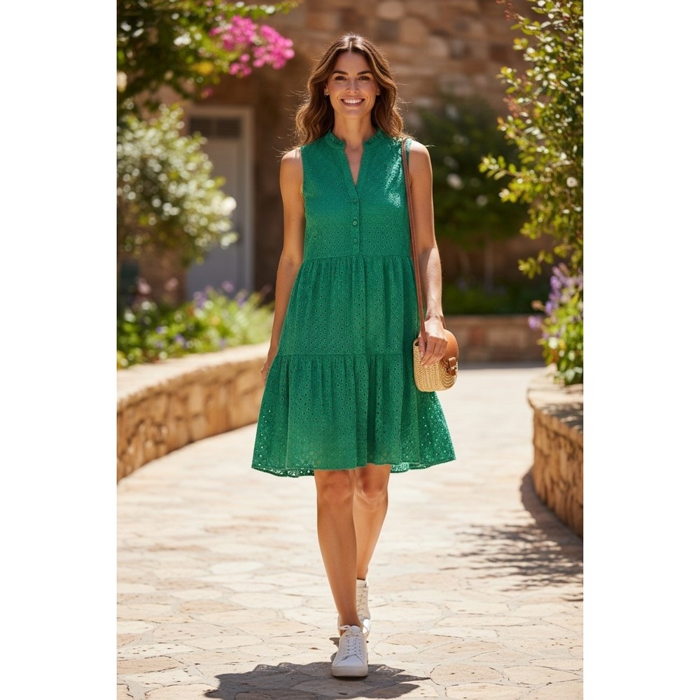 Lilly Pulitzer Small Agave Green Eyelet Lace Tiered Dress Sleeveless Pockets